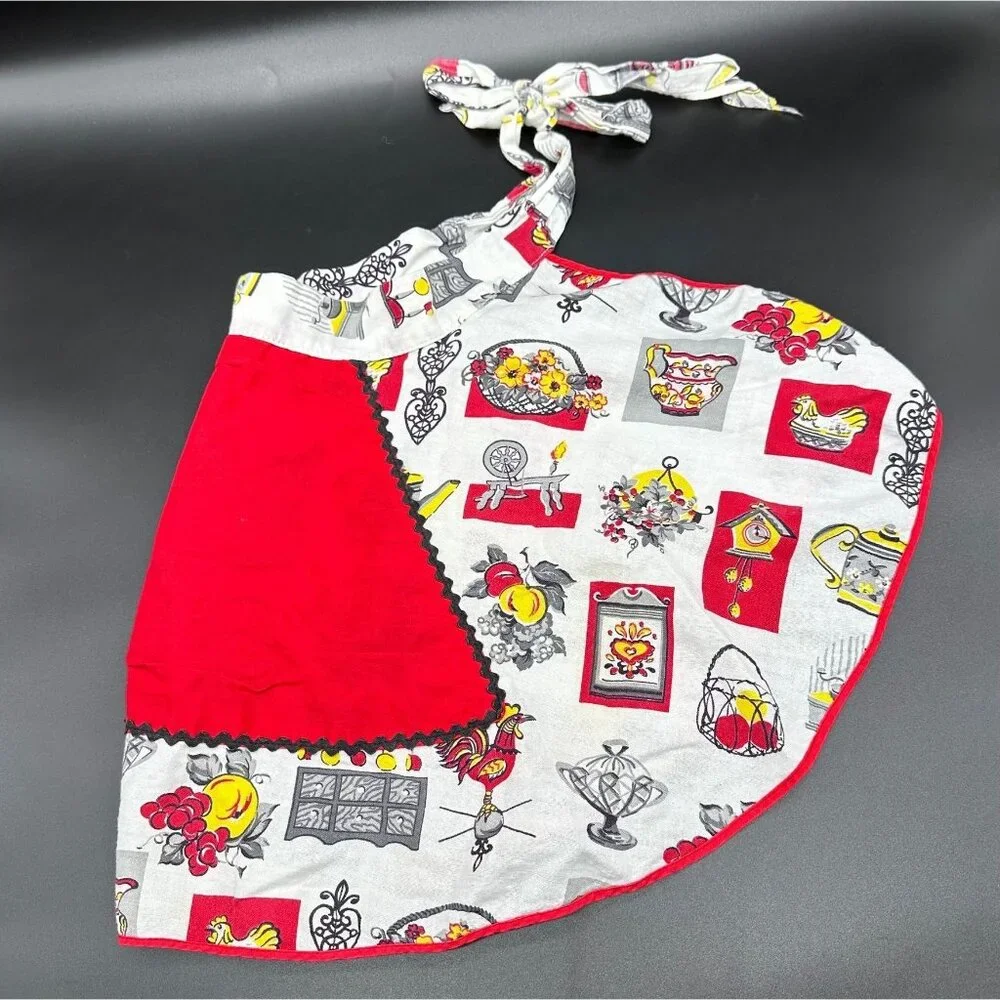 Vintage Handmade Kitchen Apron Pocket Retro Kitschy Red White Yellow Ties